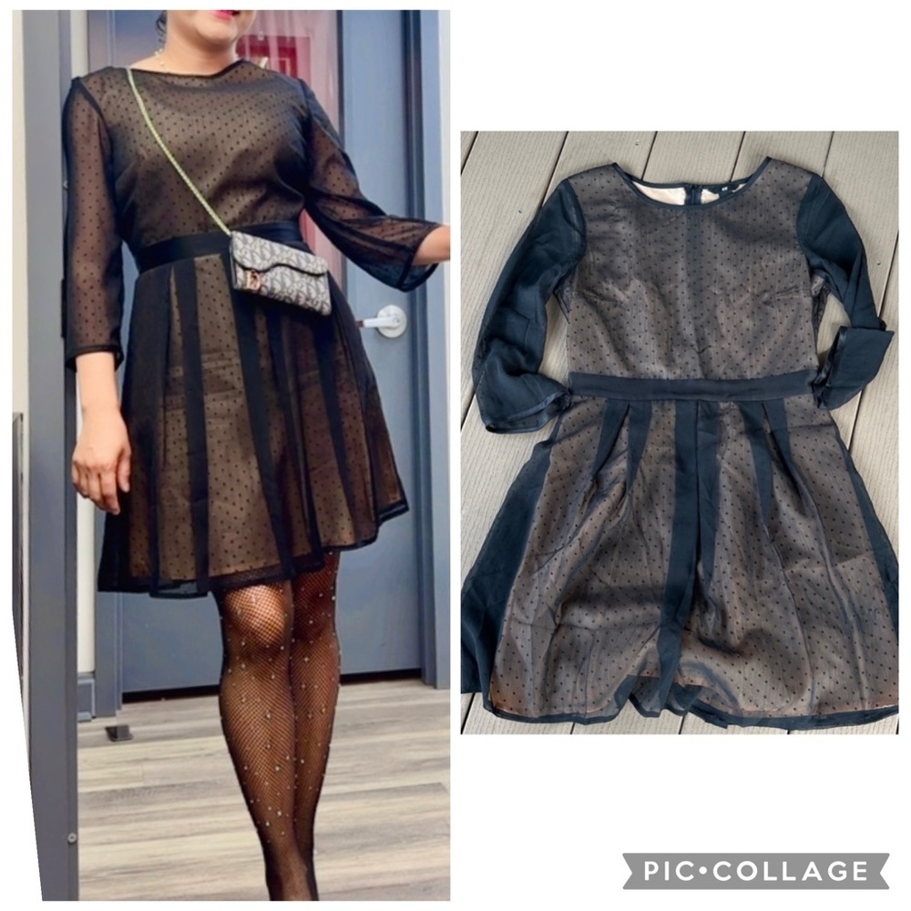 H&M Black and Tan Polka Dot Dress medium